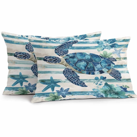 Blue Sea Turtle Outdoor Pillow Covers Pack of 2 Blue Floral Starfish Retro Striped Waterproof Throw Pillow Covers Decorative Cushion Cases for Patio Garden Tent Balcony Couch 20x12 inch