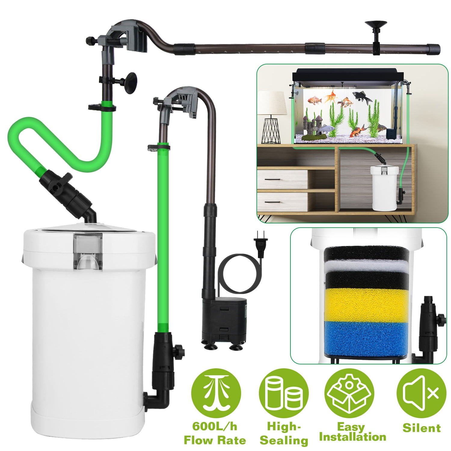 Quite External Filter System for Aquarium TeqHome 3-Stage External Canister Filter for Aquarium Fish Tank Water Circulation with 600L/H Flow Rate 35.4in Max Height 6W