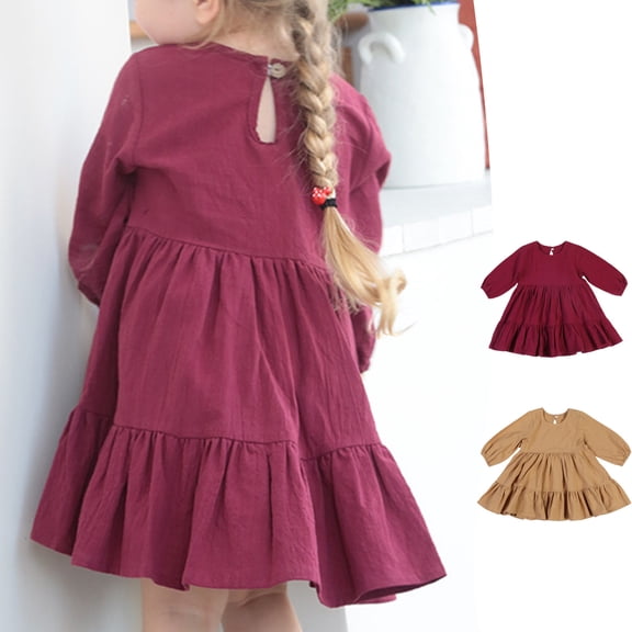 THDHVS Girls' Dresses,Girls Solid Cotton Ruffle Sleeve Dress Round Neck Casual,Dresses for Girls 5-6 Years