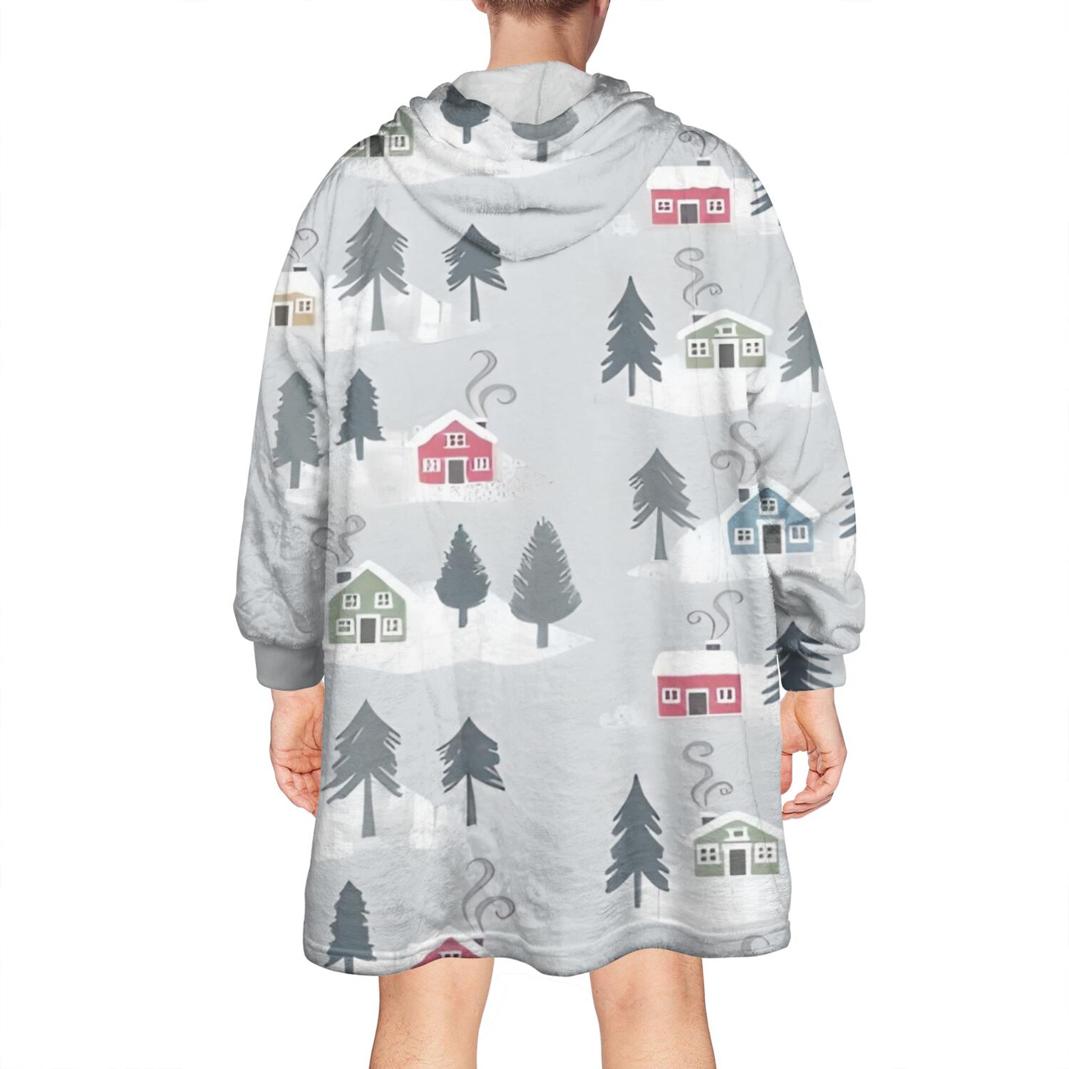 Wearable Oversized Blanket,Gray Christmas House and Tree Pattern Wearable Blanket Hoodie for Adults,Cozy Hooded Blankets with Super Pockets,Super Warm Fuzzy Pullover for Women & Men