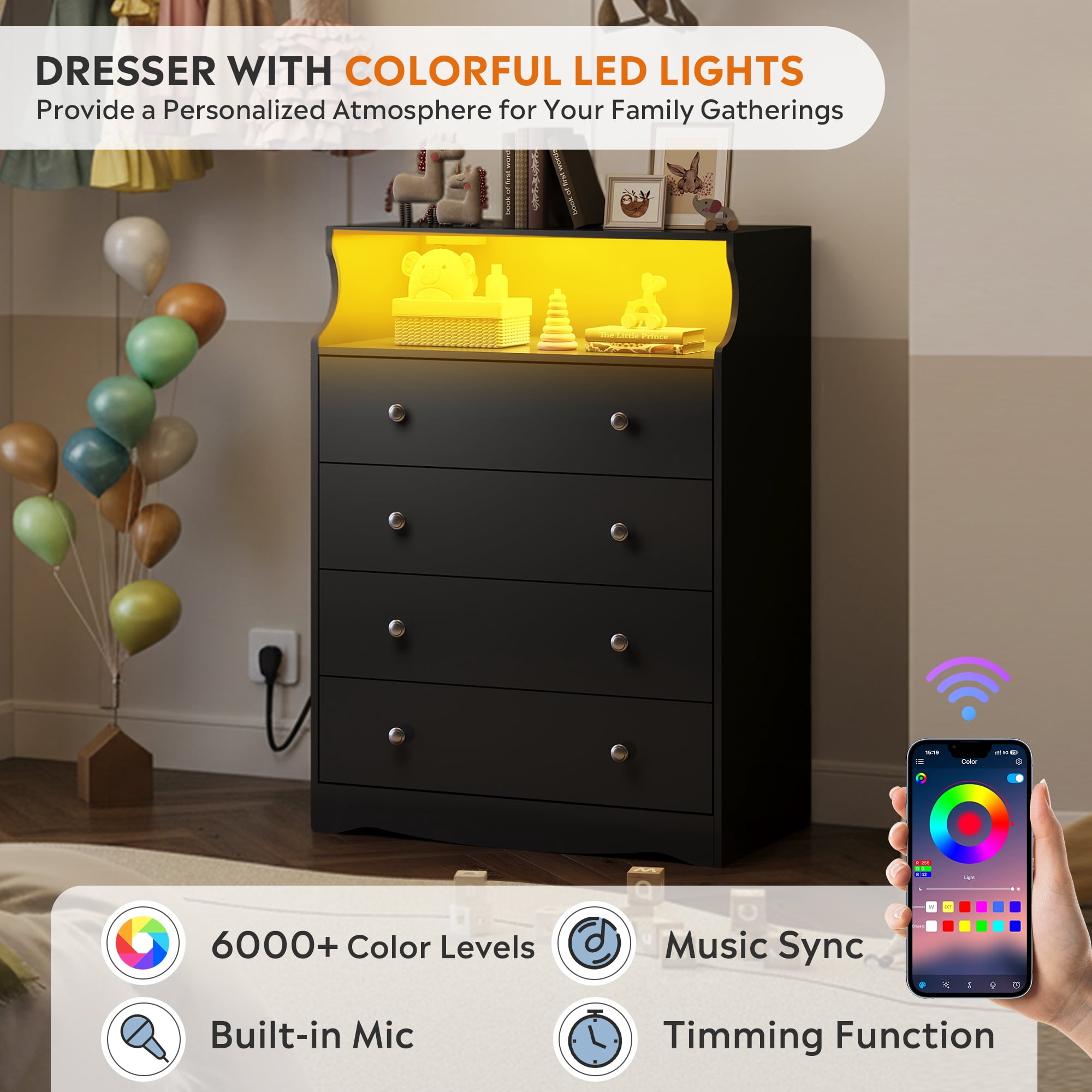 GALAXHERO 4 Drawers Dresser for Bedroom, Tall Black Dressers with  LED Open Shelf, Modern Chest of Drawers with Charging Station, Wood Closet Clothes Organizer Storage Cabinet
