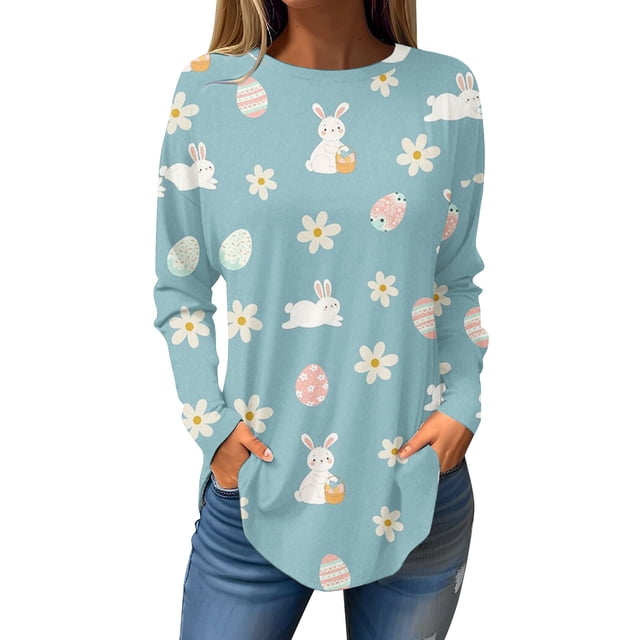 Pxiakgy Hauts de Pâques pour Femmes en Solde, Chemise à Manches Longues Imprimée Œuf de Pâques et Lapin Col Rond Décontracté Chandail en Molleton Printemps Pâques Lapin Œuf de Pâques Col Rond Ample Décontracté
