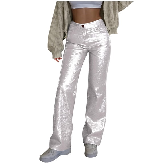 ZToonmas Womens Faux Leather Wide Leg Pants Button Zipper Elastic Waist Loose Straight Casual Long Trousers with Side Pockets