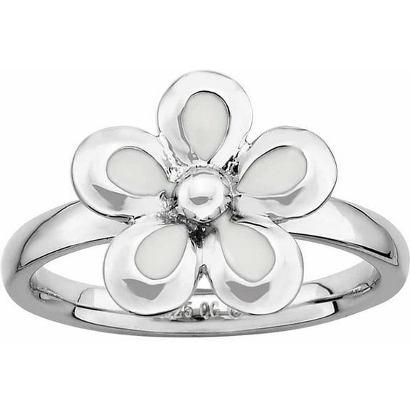 Sterling Silver Polished White Enameled Flower Ring