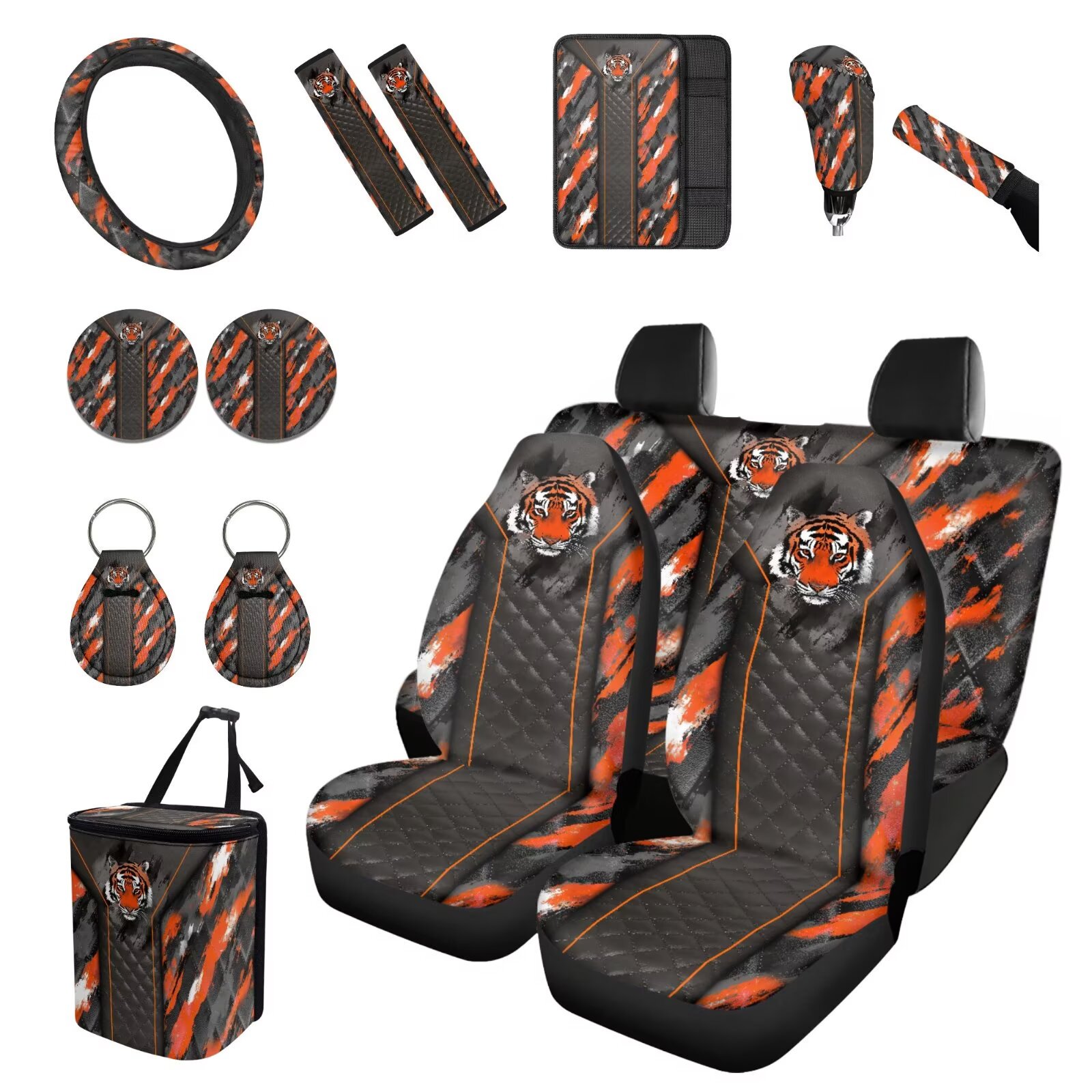 Eheartsgir Tiger Print Car Seat Cover Split Covers 14 Pack Breathable Starry Sky Auto Front Back Seats Covers Sets with Handbrake Pad, Gear Shift Cover Vehicle Interior Accessories