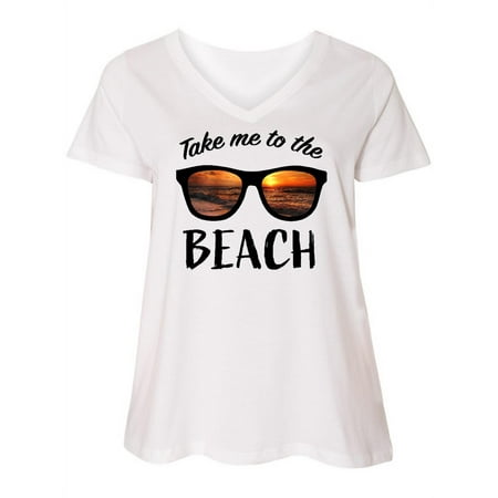 

Inktastic Take Me To The Beach Sunglasses with Sunset in Lenses Women s Plus Size V-Neck