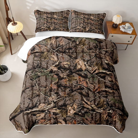 Erosebridal Brown Rustic Branch Twin Quilt Set for Women Men, Camo Plant Print Twin Coverlet Set, 2 Pieces