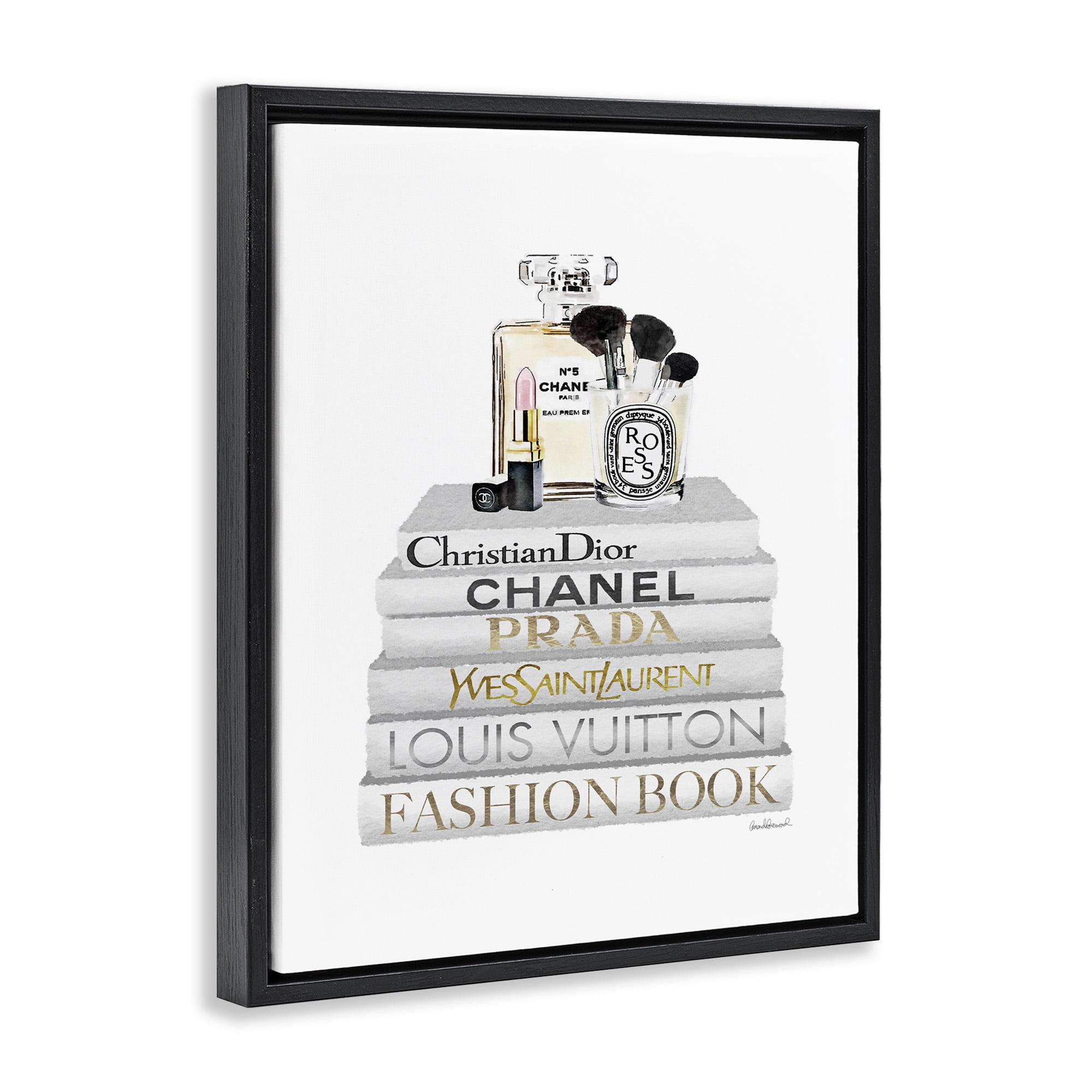 Stupell Industries Bookstack with Makeup Accessories Beauty & Fashion Painting Black Floater Framed Canvas Art Print Wall Art, 17 x 21