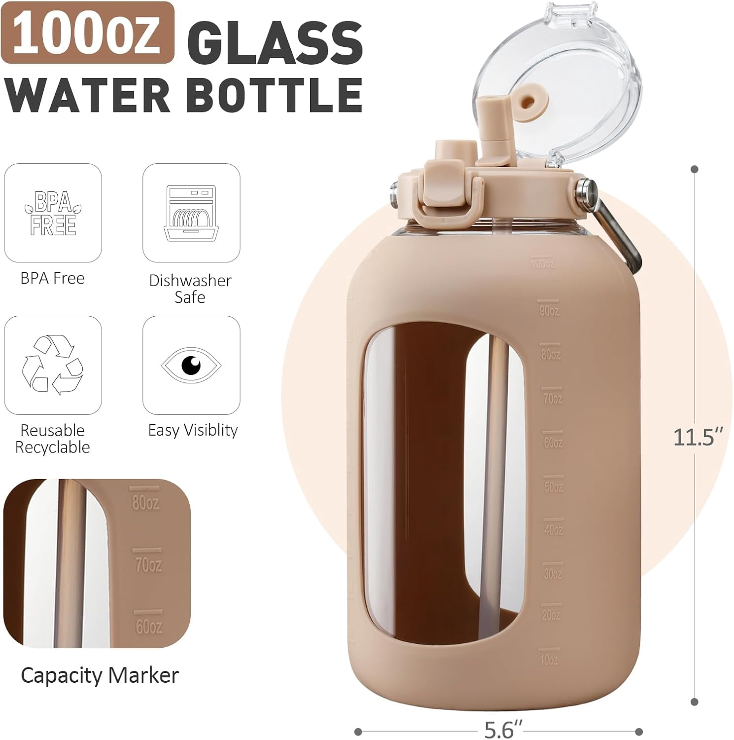 84oz Water Bottle Glass with Stainless Steel Handle Large 2.5l Water Bottle with Time Markers and Silicone Sleeve Half Gallon Water Jug BPA Free for Gym Daily Use