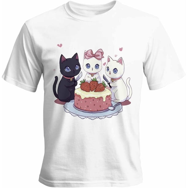 Camisetas para hombre con dibujos de gatos y tarta de fresa, de manga corta, informales, con gráficos para adolescentes, niños y hombres.