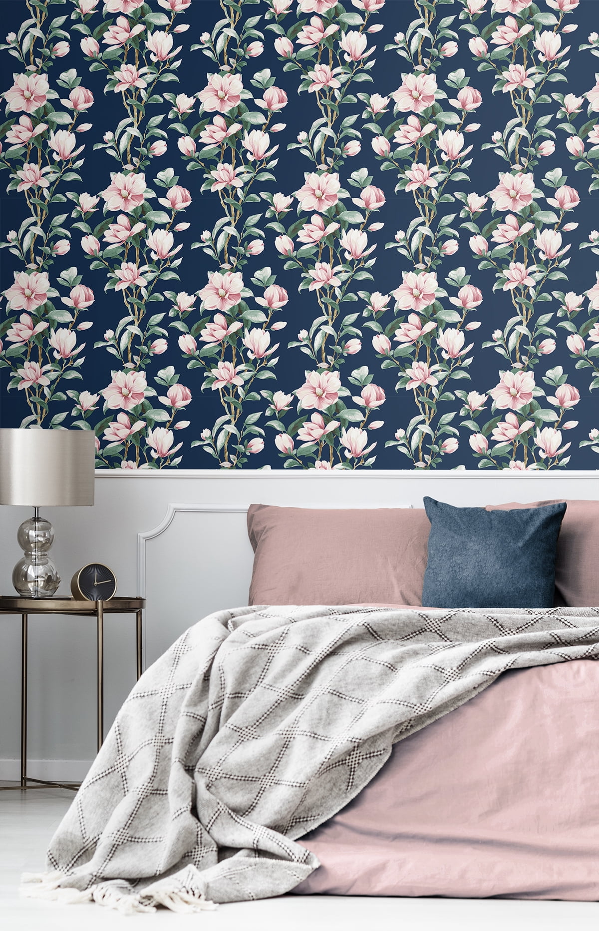NextWall Navy & Blush Magnolia Trail Peel and Stick Wallpaper