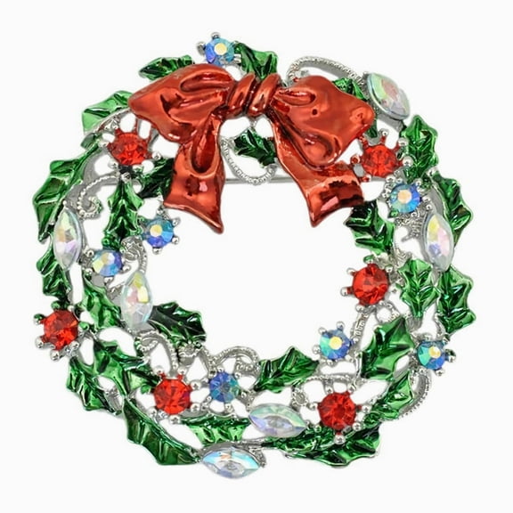 Silvery Tone Enamel Red Bowknot Rhinestone Christmas Wreath Brooch For Women