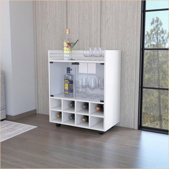 White Manufactured Wood Bar Cart with 8-Bottle Rack & Glass Doors | White | Small (less than 40in)