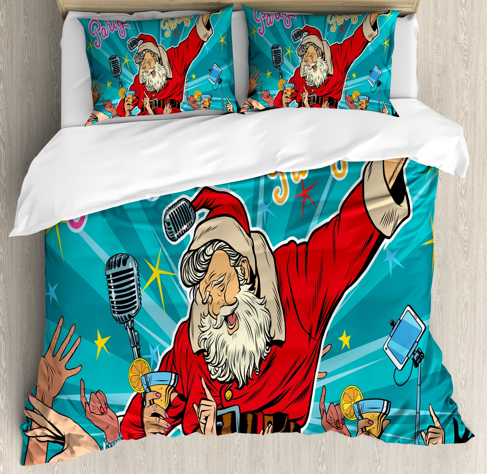 Santa Duvet Cover Set Rock N Roll Singing With Dancing People Santa Duvet Cover Set Rock N Roll Singing With Dancing People At Party Retro Pop Art Style Decorative Bedding Pillow Shams