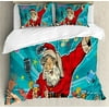 Santa Queen Size Duvet Cover Set, Rock n Roll Singing Santa with Dancing People at Christmas Party Retro Pop Art Style, Decorative 3 Piece Bedding Set with 2 Pillow Shams, Multicolor, by Ambesonne