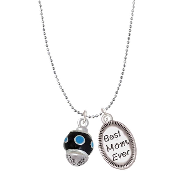 Delight Jewelry Silvertone Hot Blue Dots on Black Spinner Best Mom Ever Charm Necklace