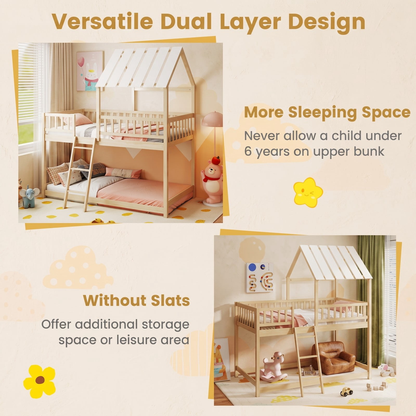 Furnibear House Bunk Bed with Roof and Full-length Guardrails Wood Low Floor Bed for Kids Teens Boys and Girls Bedroom, Natural