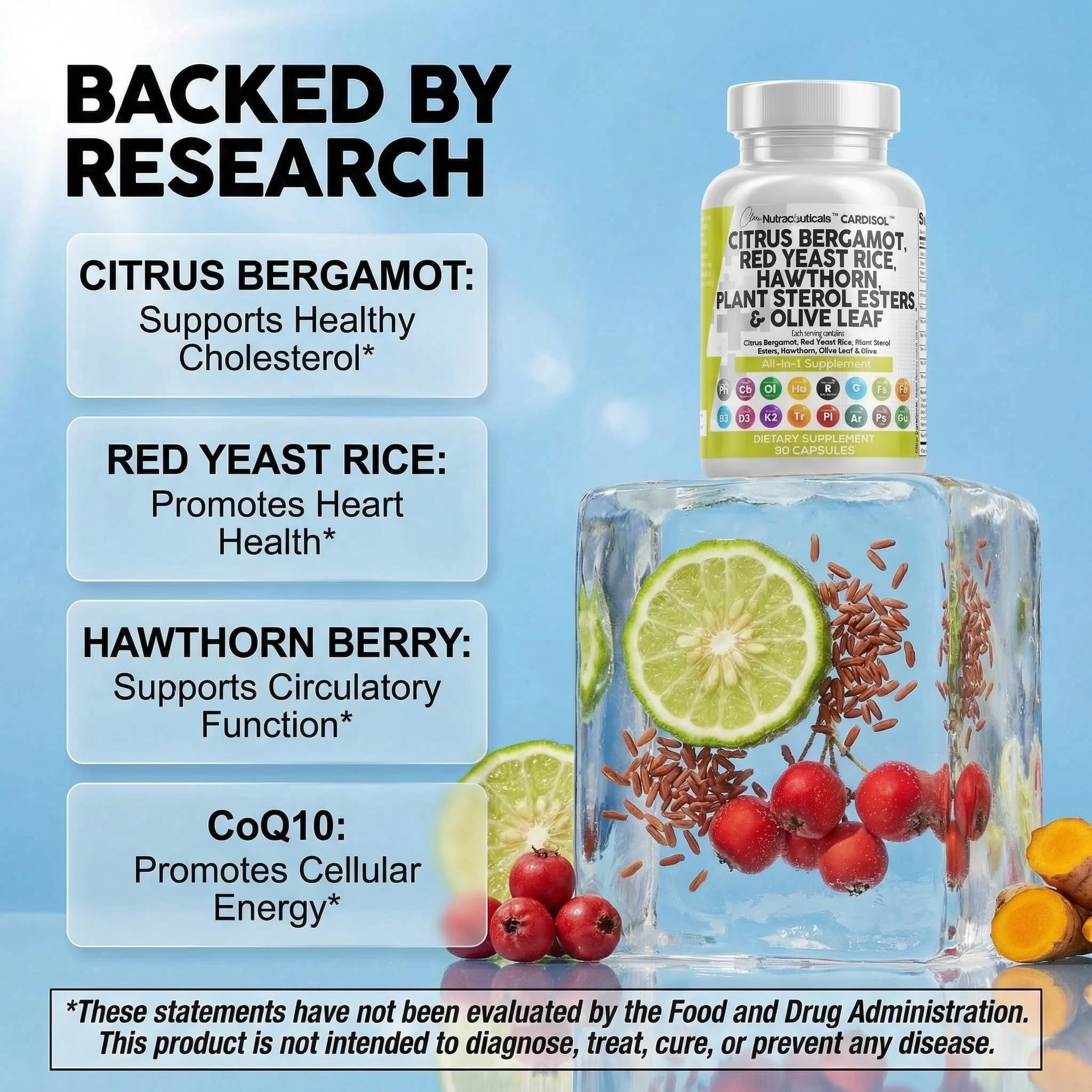 Clean Nutraceuticals Citrus Bergamot Red Yeast Rice Capsules with Plant Sterols - with Hawthorn Extract Olive Leaf Niacin Vitamin K3 D3 COQ10 Guggul & More