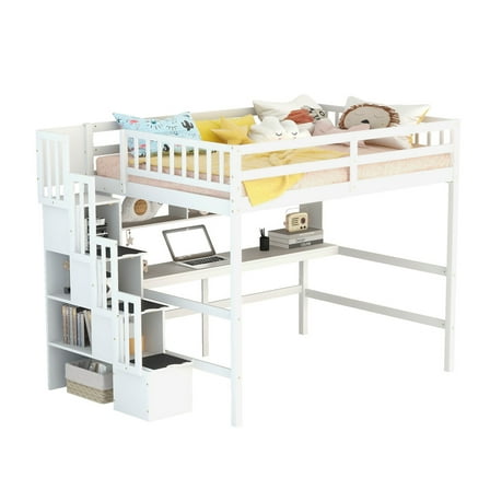 YIYADO Full Size Loft Bed with Desk, Shelves & Storage Stairs, White Wood Finish