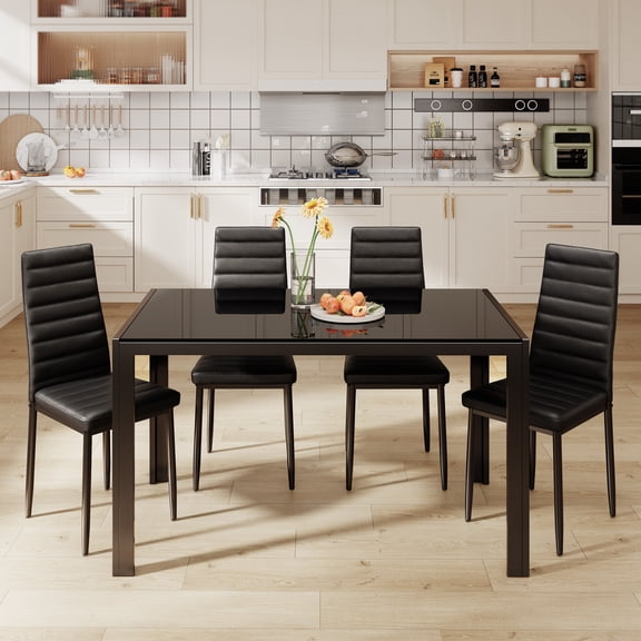 5-Piece Dining Table Set For 4, Glass Kitchen Table With 4 Upholstered Chairs, Space-Saving Dinette Set for Dining Room, Black