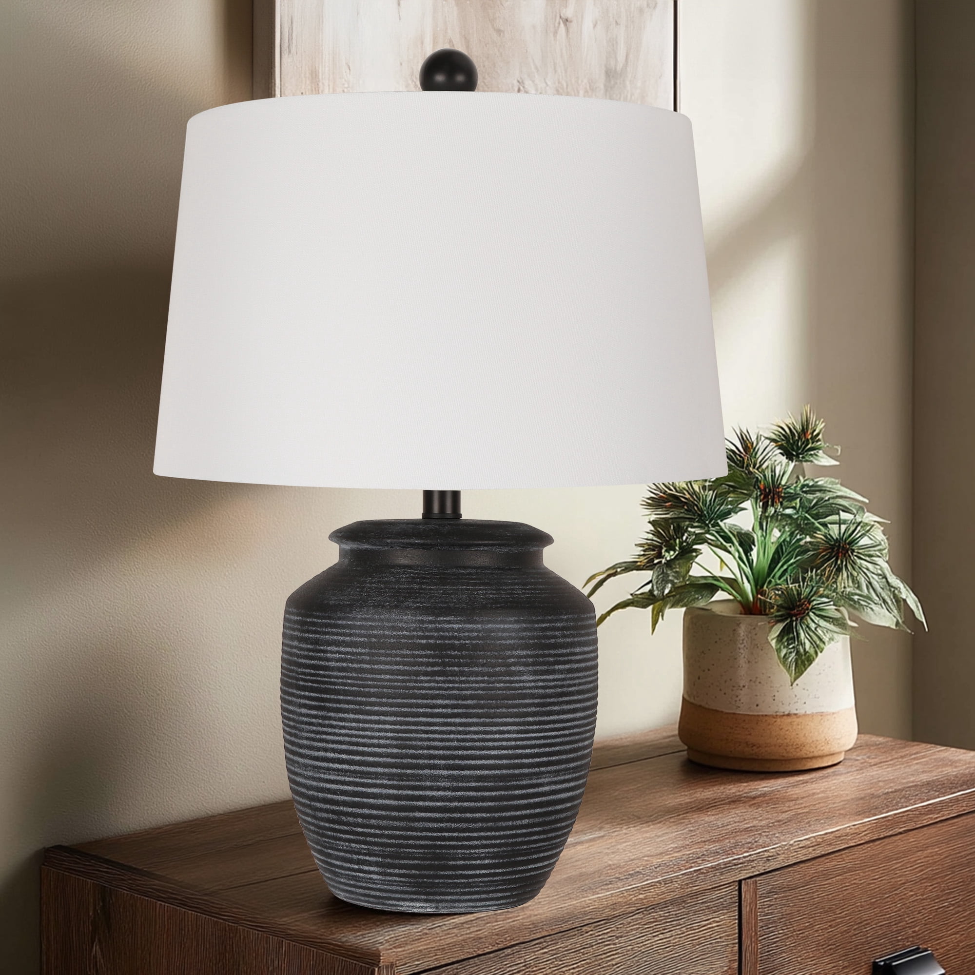 28in Rustic Ceramic Pot Table Lamp for Bedroom Living Room Dining Home Office Entryway, Black