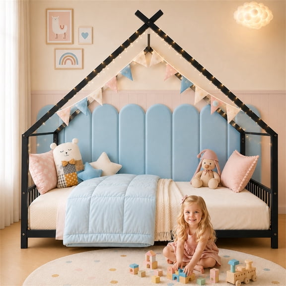 SESSLIFE Montessori Floor Bed, Twin Size Toddler Floor Bed with Roof and Guardrail, House-Shaped Design, No Box Spring Needed, Toddler Bed Frame for Kids, Black