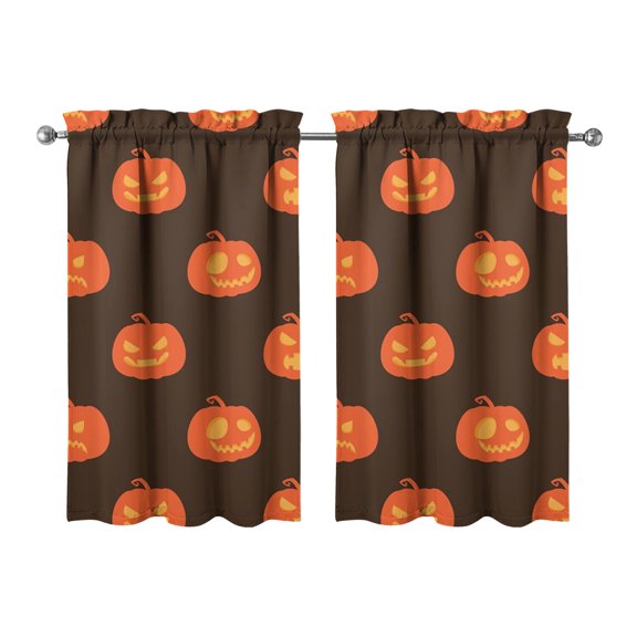 Set of 2 Halloween Caf Curtains with Pumpkin and Spider Web Artwork, Vintage Horror Semi-Sheer Tier Panels 27.5x39in(70x99cm)Kitchen Curtains