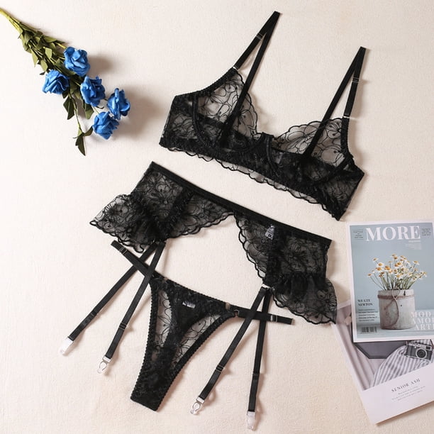 Conjunto de lencería erótica sexy de tres piezas con volantes transparentes blancos y anillo de acero de Europa y Estados Unidos