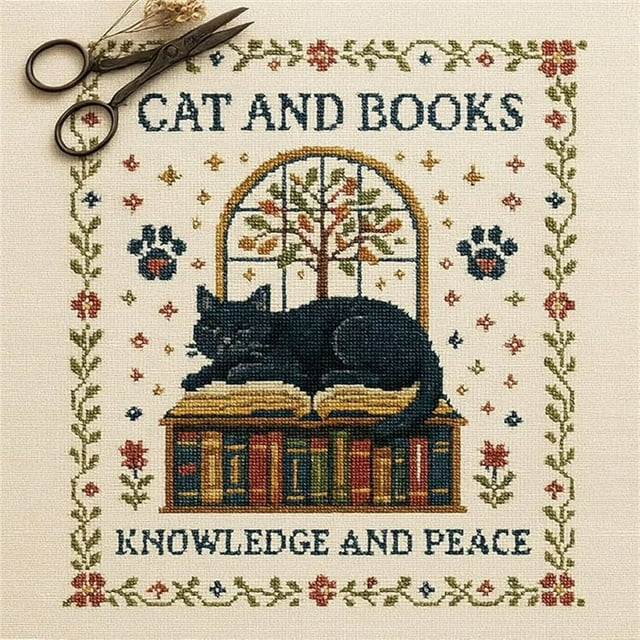 QIPOPIQ Kit de Point de Croix Chat et Livres Kits de Point de Croix Personnalisés Broderie Commémorative pour Débutants Style Estampé et Compté Cadeaux pour Fans d'Animaux