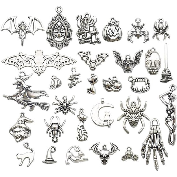 50 piezas de dijes de Halloween, colección de Halloween de plata antigua, suministros para manualidades, colgantes para manualidades, accesorios para hacer joyas, collares y pulseras