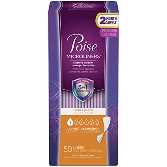 Poise Microliners, Incontinence Panty Liners, Lightest Absorbency, Long, 50 Count