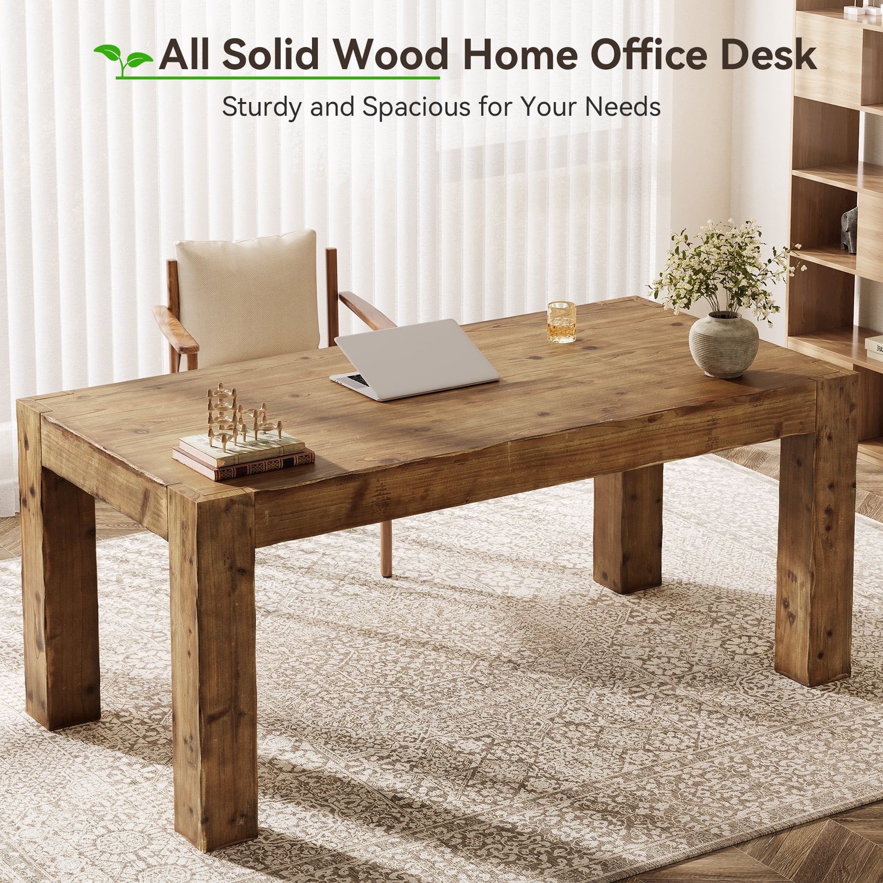 Finmind 63-inch Solid Wood Executive Desk, Farmhouse Wooden Home Office Computer Desk, Large Writing Study Table for Home Office, Rustic Brown