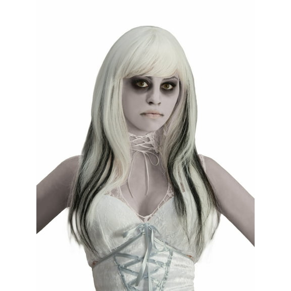 Womens Long White Black Straight Ghostly Spirit Ghost Lady Costume Two Tone Wig