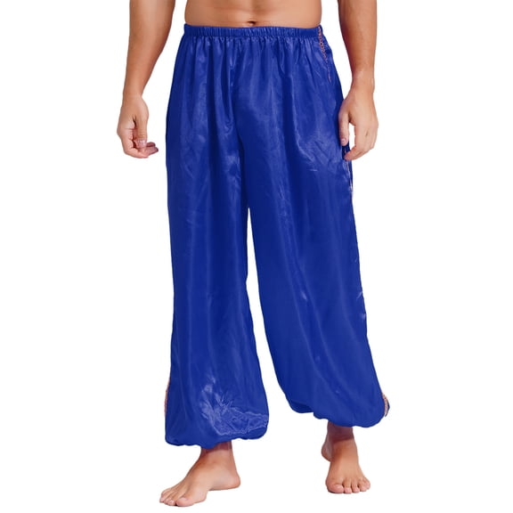 Alvivi Men Harem Pants Elastic Loose Trousers Hippie Boho Pants Arabian Prince Performance Costume Royal Blue XL