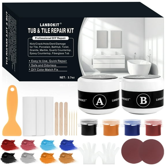 LANBOKIT Fiberglass Tub and Porcelain Repair Kit, Tub and Bath Chip Repair Kit for Enamel, Acrylic, Refinish and Repair Chips, Cracks, Scratches, Rust and Holes on Tubs, Tiles, Toilets, Sinks, Shower