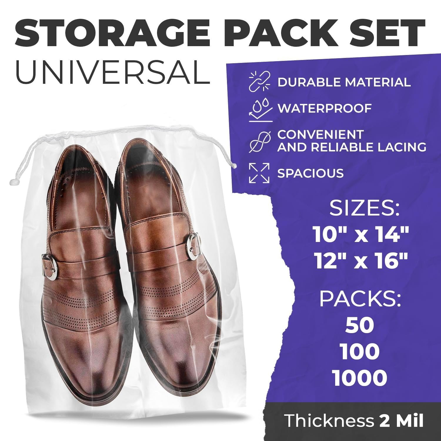 Clear Drawstring Shoe Travel Bags, Waterproof PE Plastic, 50 Count, 10 x 14 in