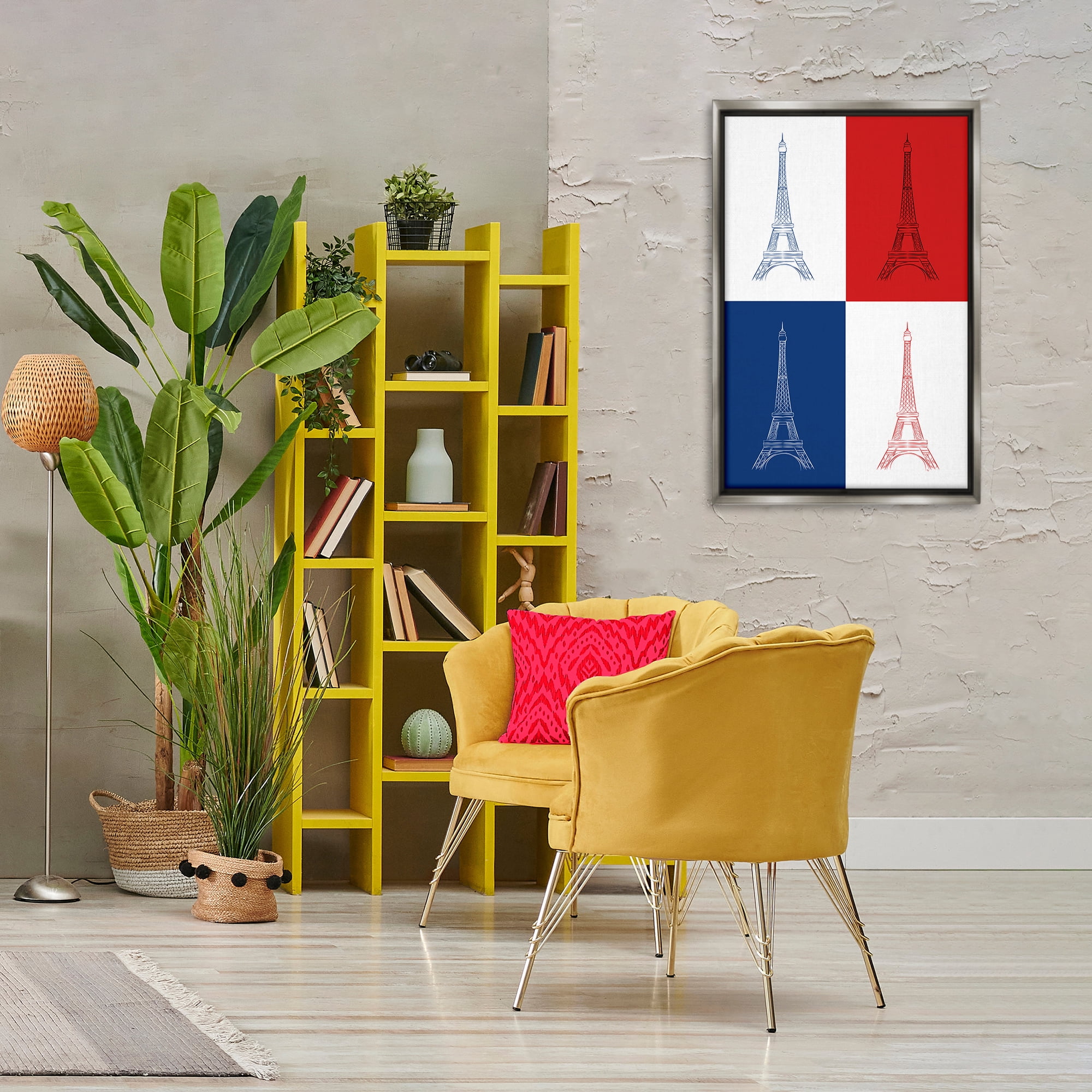 Stupell Industries France Flag Eiffel Tower Buildings & Architecture Painting Gray Floater Framed Canvas Art Print Wall Art, 21 x 31