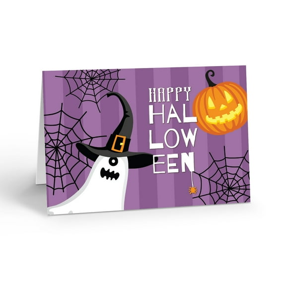 Halloween Ghost, Pumpkin and Cobwebs Blank Note Card - 10 Cards and Envelopes -