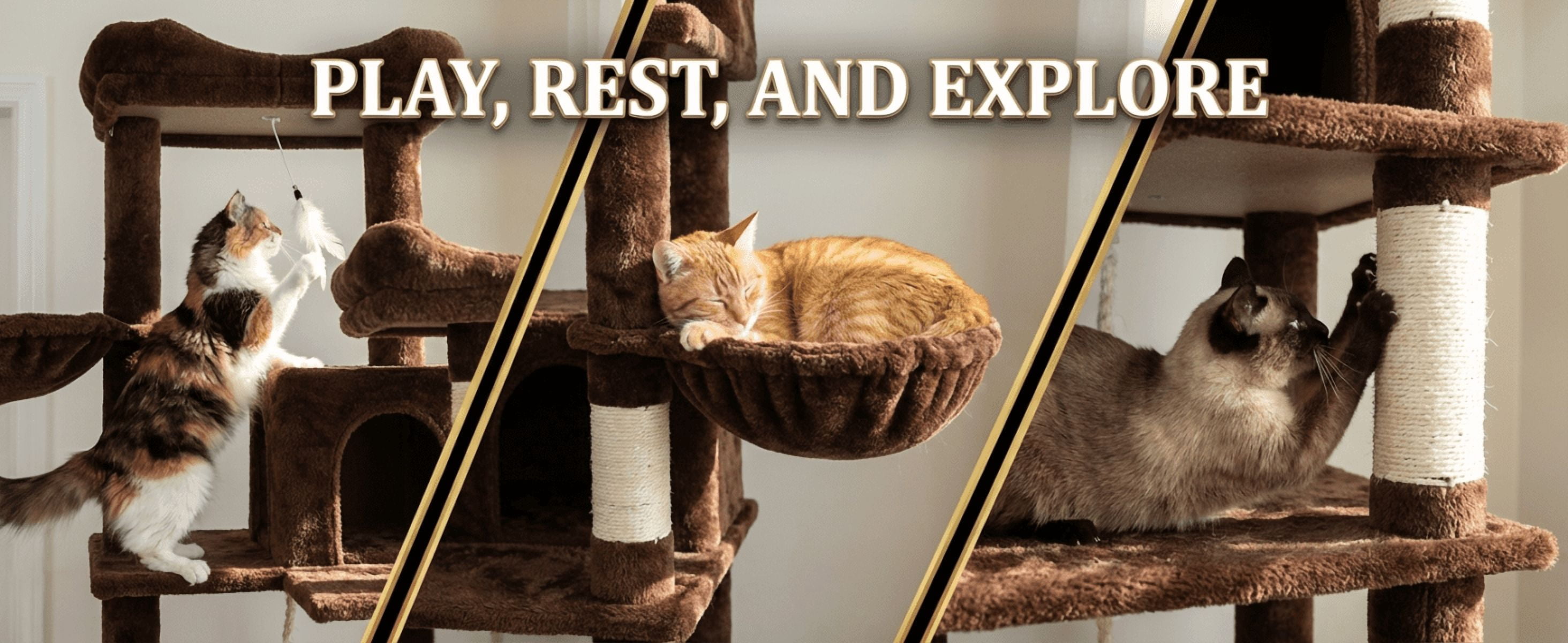 68in Tall Multi-Level Green Cat Tree with Hammocks, Hanging Basket, Cat Cave, Removeable Cushion, Scratching Posts - Plush Cat Tower for Indoor Cats, Perfect for Multiple Cats Brown