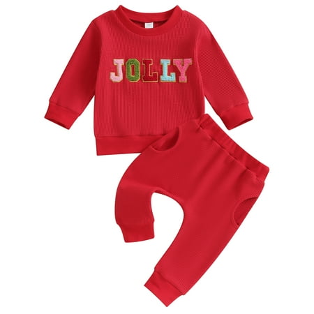 Mevireiy Christmas Baby Girl Outfits Waffle Knit Sweatshirt Tops Elastic Long Pants Red 18-24 Months