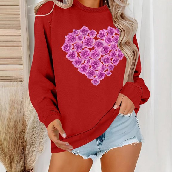 YOTAMI Cute Heart Print Blouse for Women Loose Fit Valentine's Day Print Long Sleeve Pullover Crew Neck Fashion Shirt - Valentine's Day Gift for Her