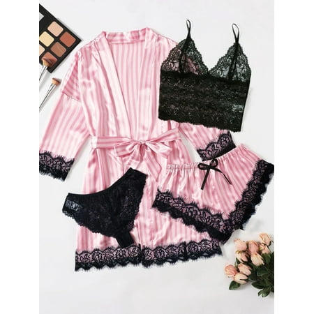 LilyLLL Womens Satin Silk Sleepwear Set 4pcs Pajamas Babydoll Lace Lingerie Nightdress Bobe