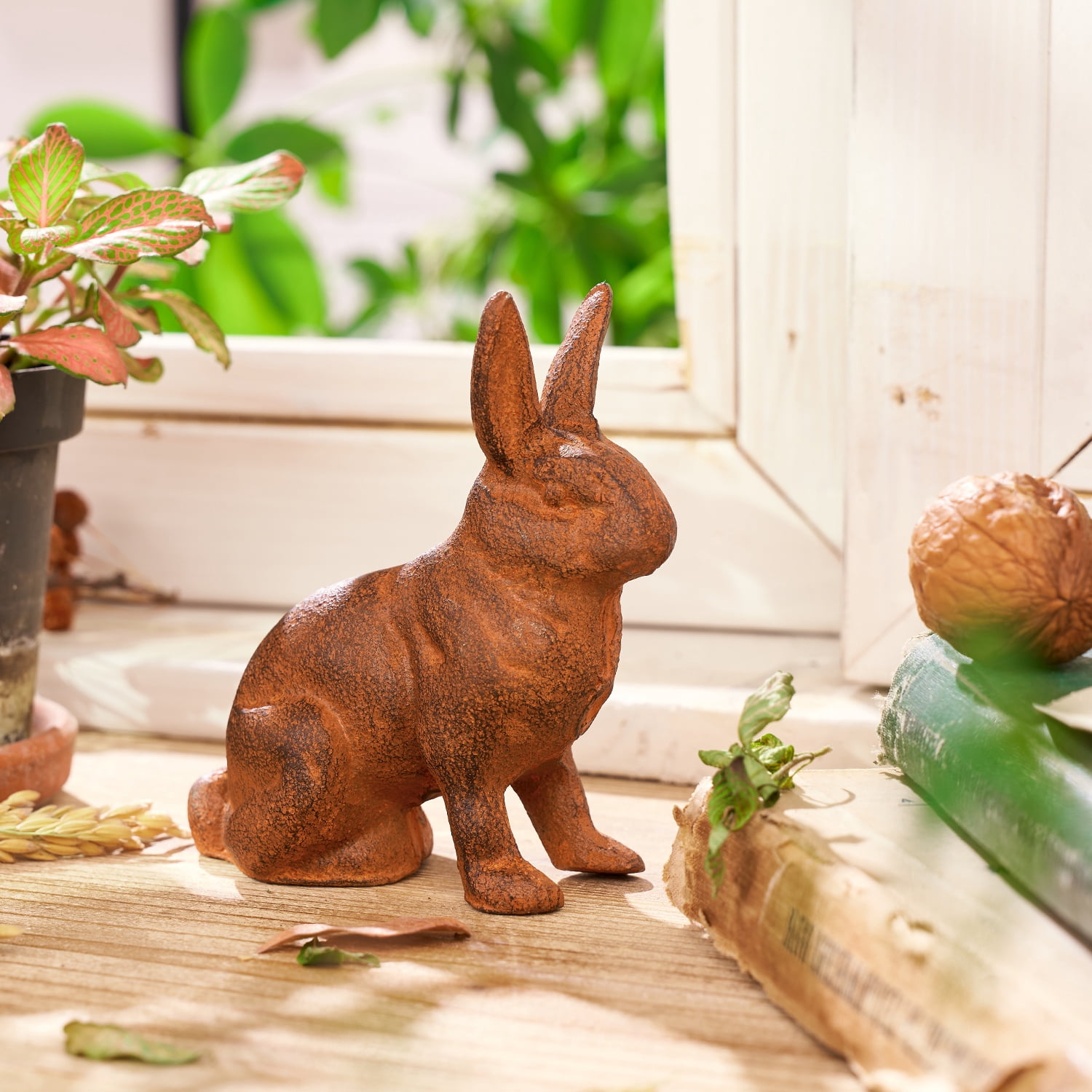 Sungmor Cast Iron Rabbit Statue,Rustic Rust Heavy Duty Animal Collection Sculpture, Paperweight, Doorstop, Adorable Garden Figurine - Sitting Rabbit Statue