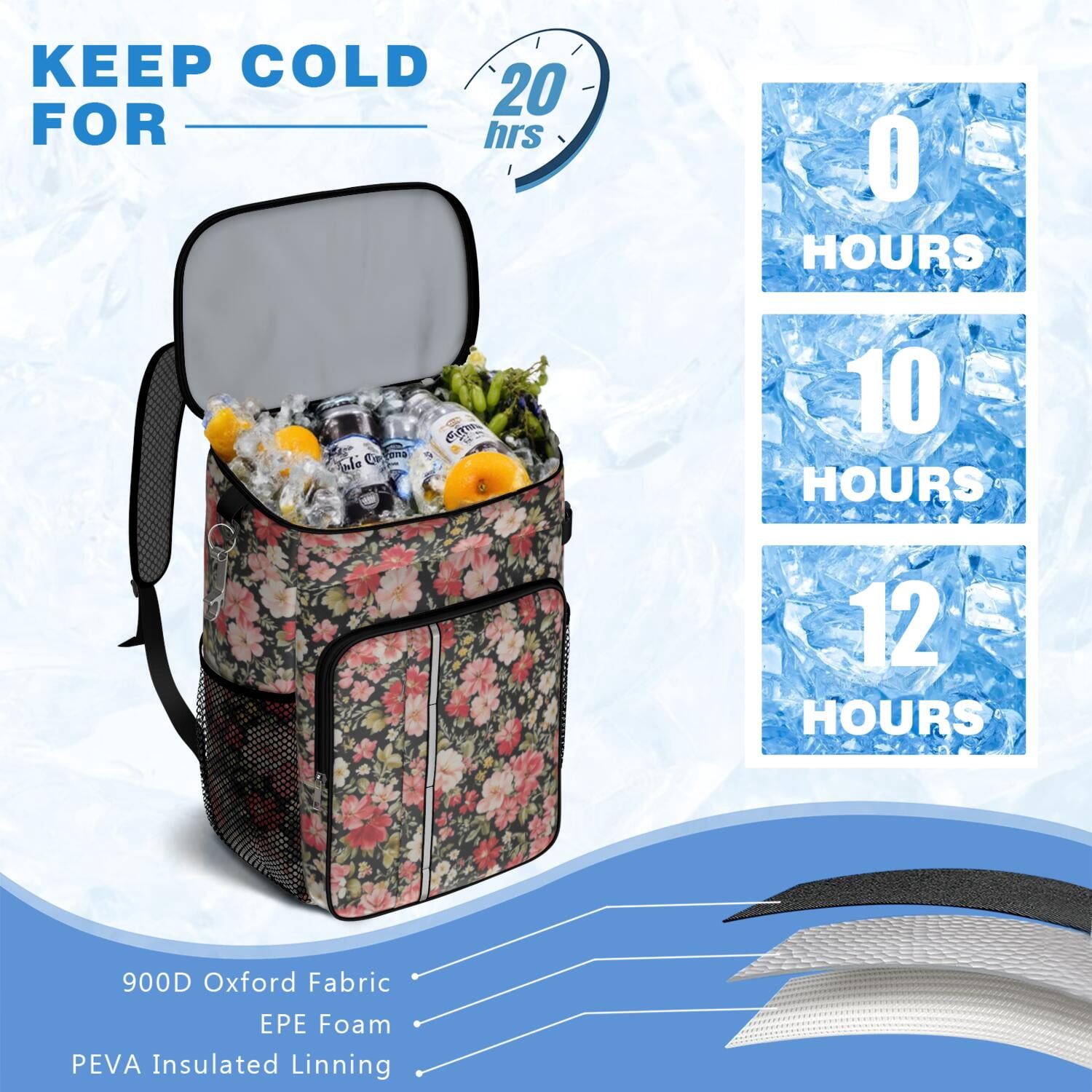 Travel Cooler Bag - Pioneer Flower Camping Beer Cooler Backpack with Bottle Opener- Waterproof Insulated Picnic Backpacks - Cooler Bag for Beach
