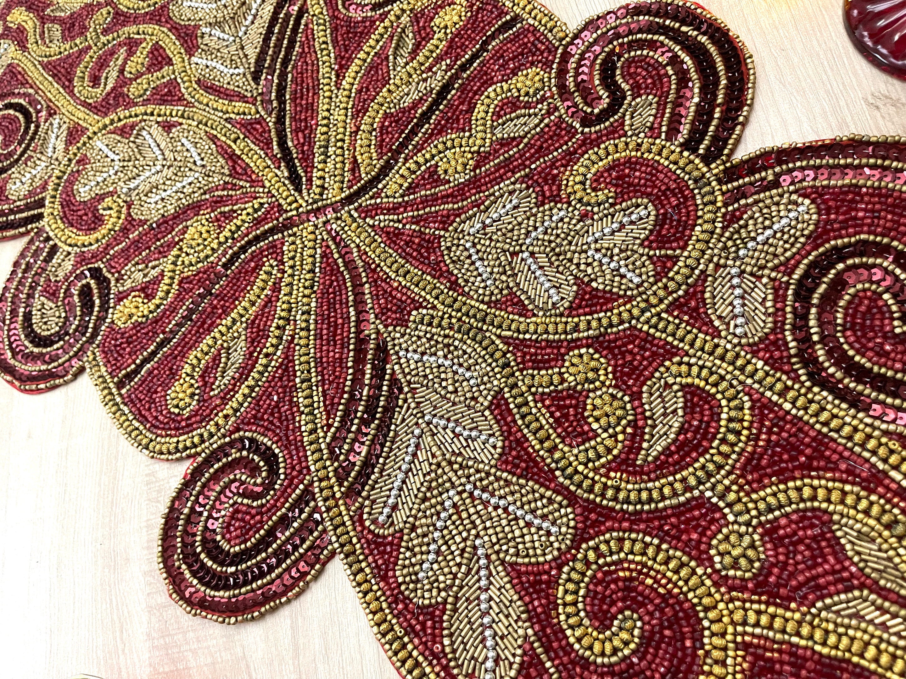 Handmade table runner, beaded table runner, Red Maroon and gold 13x36inch