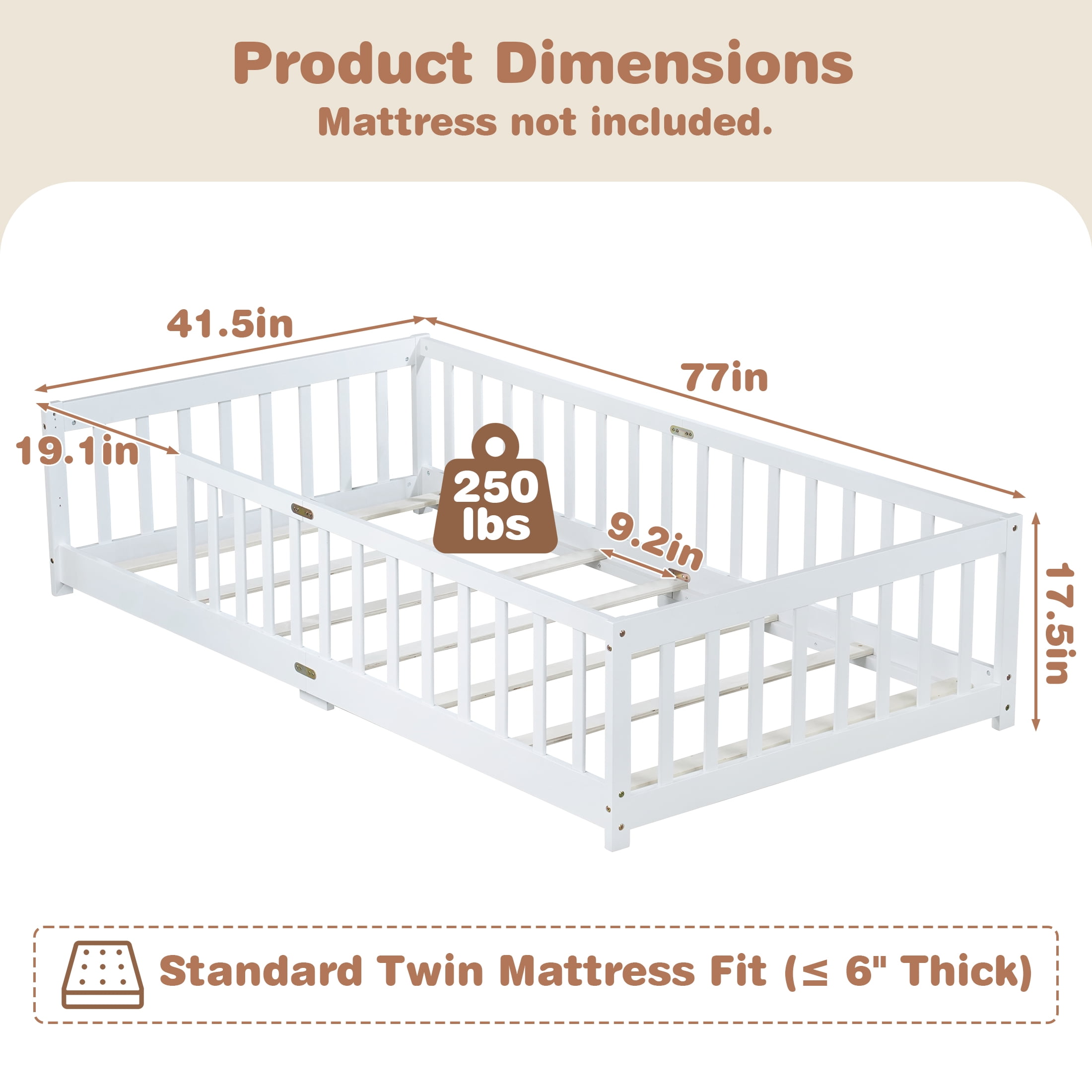 Sesslife Twin Montessori Floor Bed, Wood Twin Size Floor Bed Frame with Safety Guardrails and Slats, Low Profile Toddler Bed for Kids Boys and Girls, No Box Spring Needed, White