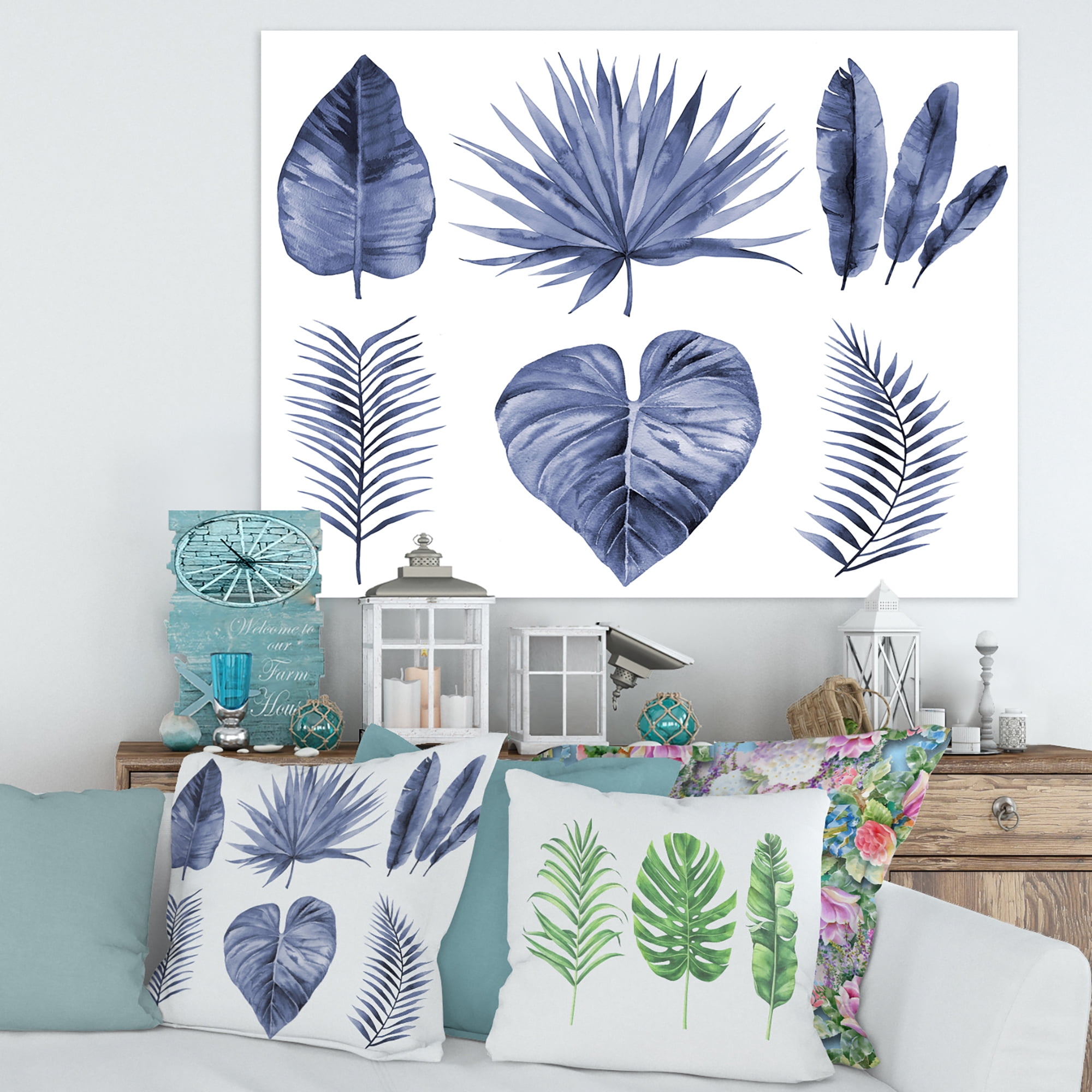 Designart ' Blue Watercolour Tropical Leaves IV ' Traditional Canvas Wall Art Print