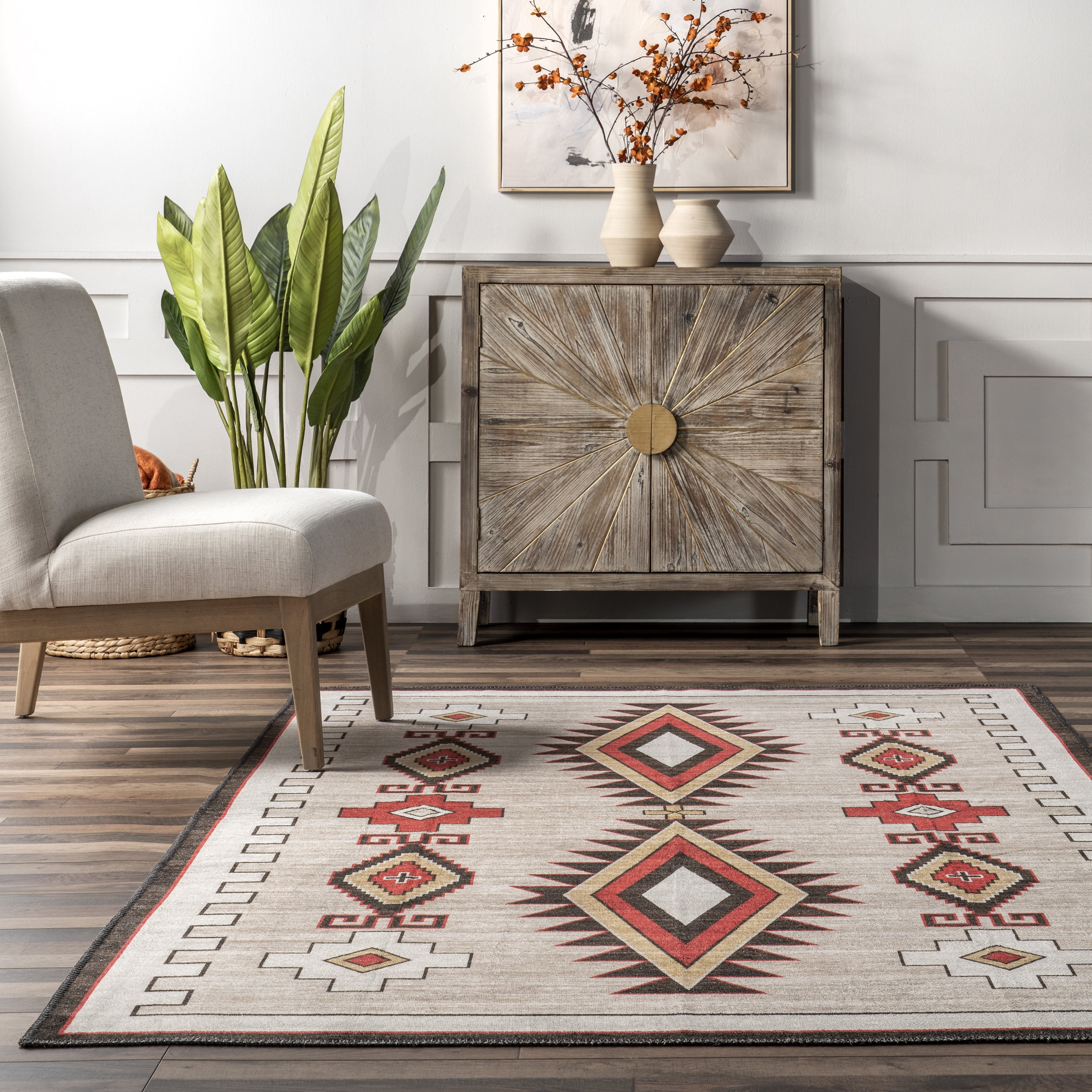 nuLOOM Elora Southwestern Machine Washable Area Rug, 4' x 6', Ivory