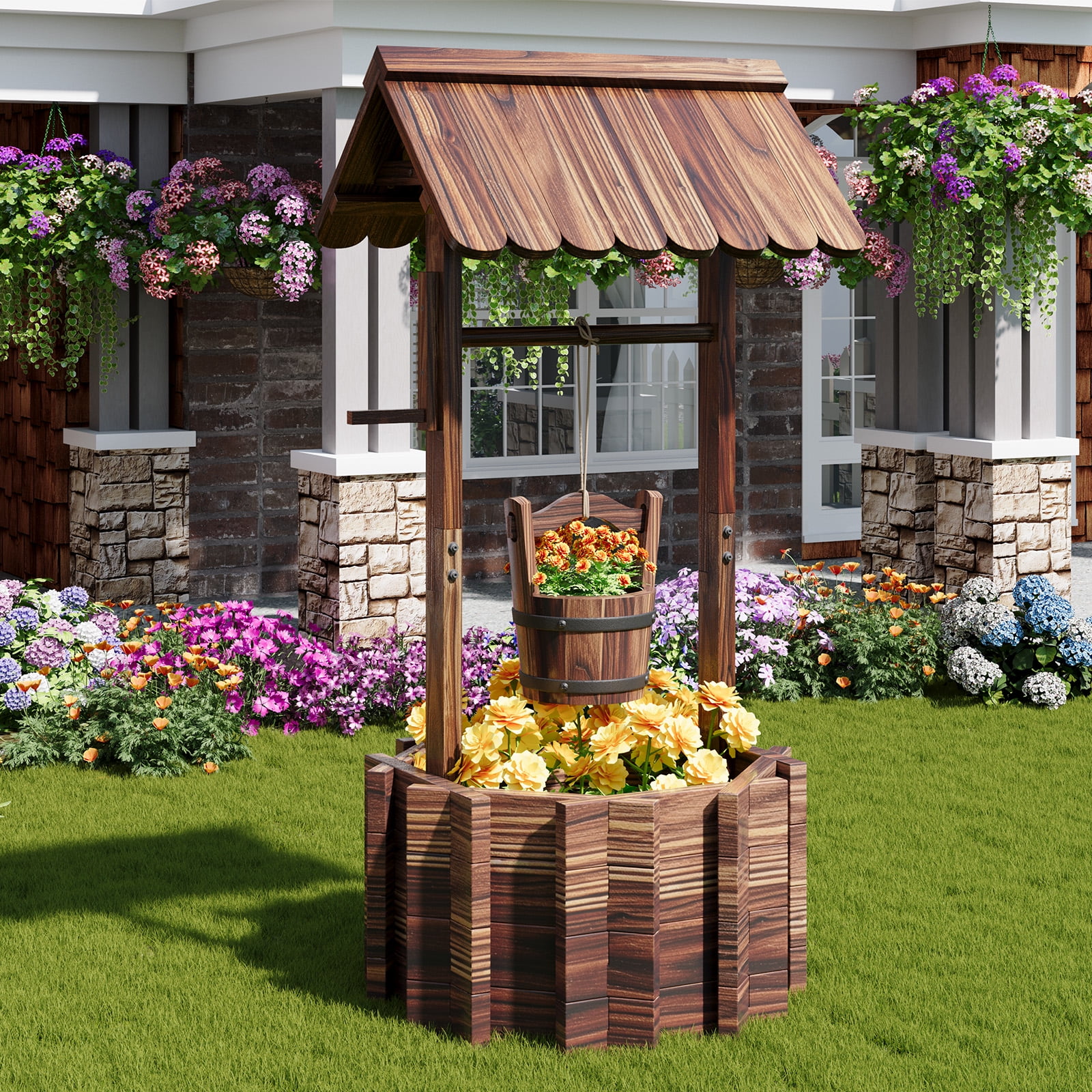 BaPiPro Wood Wishing Well Planter with Hanging Bucket for Flower and Plants, Brown, 22 In