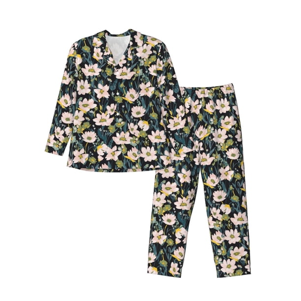 Balery Flowers Pijama para Hombre de Dos Piezas con Manga Larga, Conjunto de Dormir y Descanso Suave con Bolsillos-Large